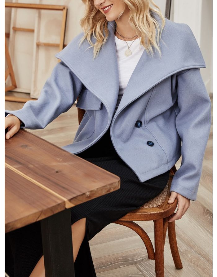 Korean Fall Winter Woolen Coat Women Fashion Large Lapel Single Breasted Short Warm Tops