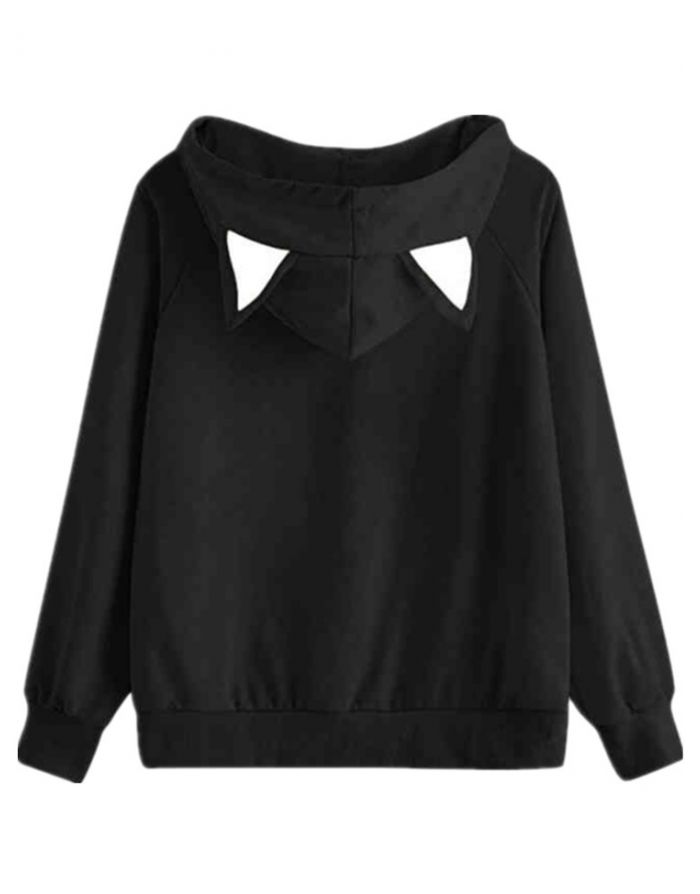 Cute Cat Printed Sweatshirt Cat Ear Hoodie Casual Autumn Winter Tops For Women