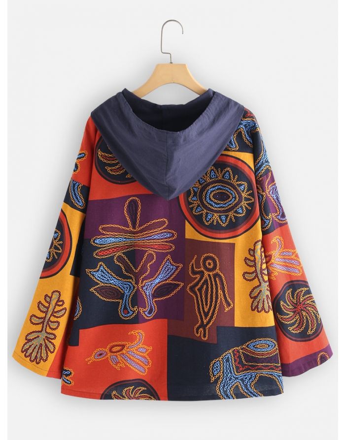 Fall Spring Vintage Printed Plus Size Chic Loose Hoodie Tops